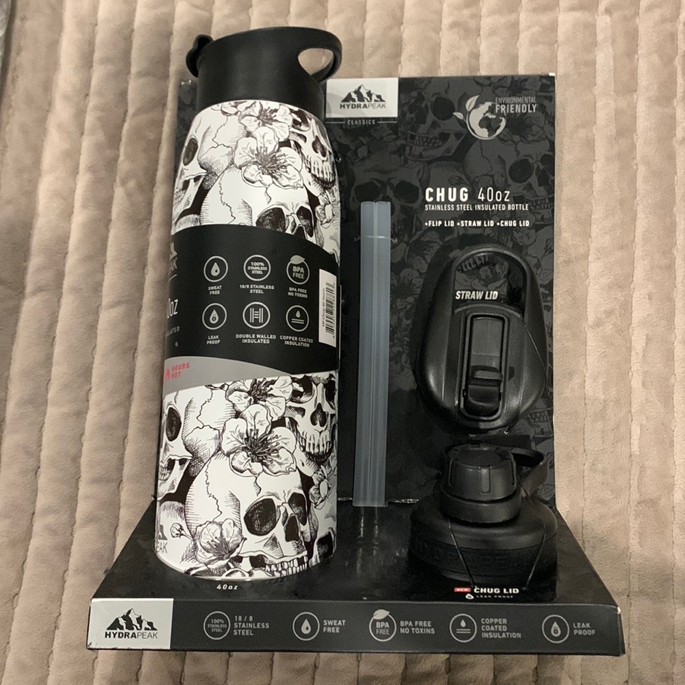 HydraPeak CHUG 40oz stainless steel insulated bottle with additional lids